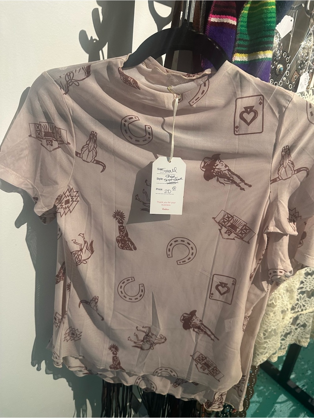 Western Motif Short Sleeve Blouse in Light Taupe